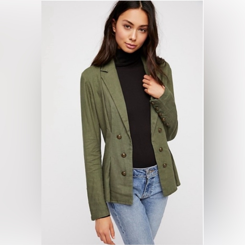 Free People Cinched Waist Linen Blend Jacket Size Small Moss Green